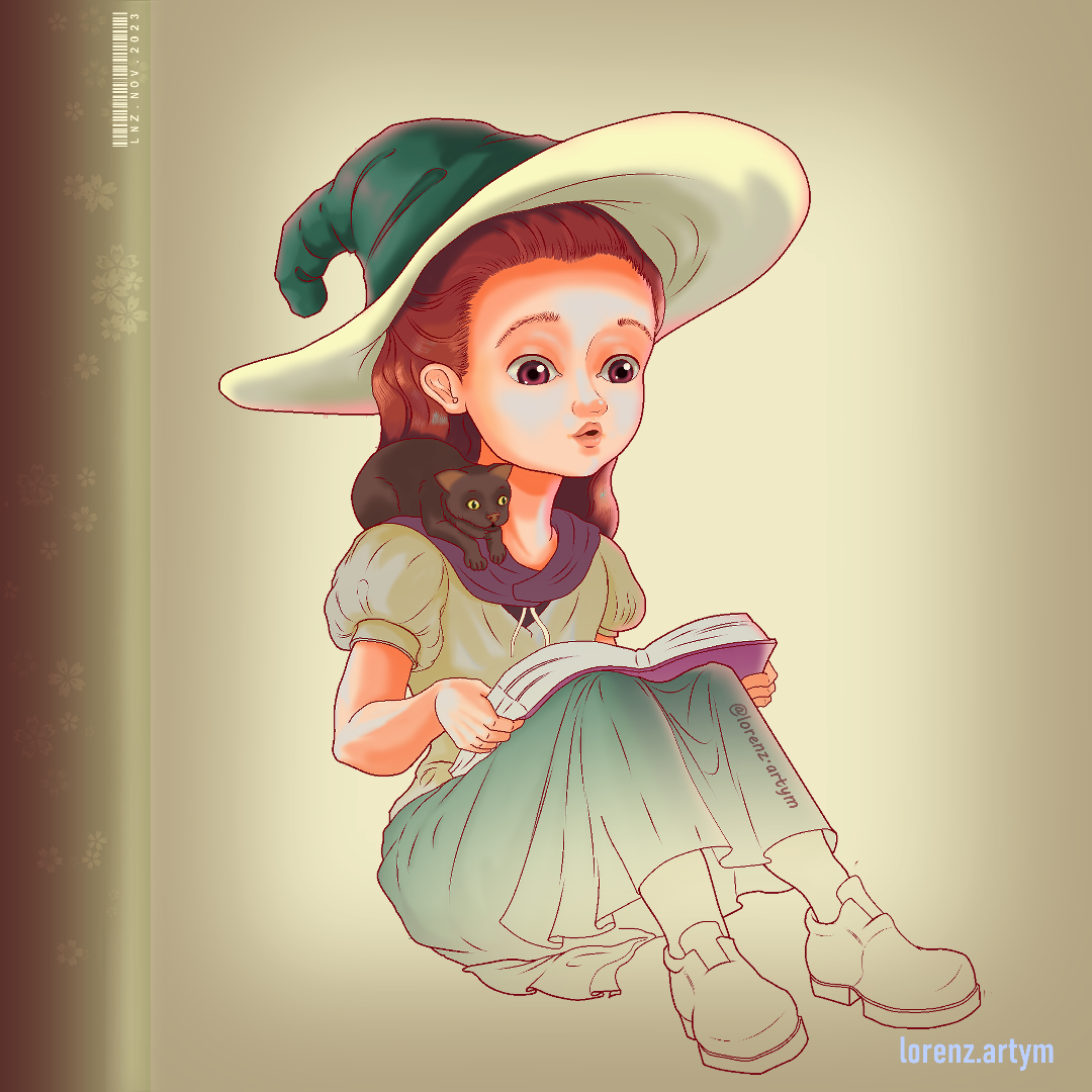 Joven Bruja leyendo su libro de hechizos con su compañero gato